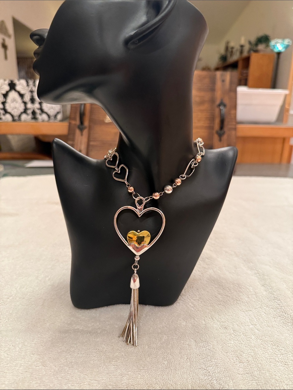 Heart Pendant Tassel Necklace - Silver with Gold Accent